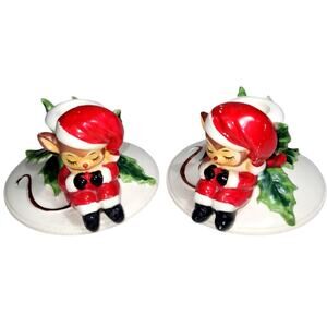 Vintage Josef Originals Ceramic Sleeping Santa Mouse Candle Holders Set of 2